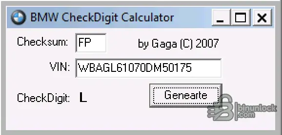 BMW CheckDigit Calculator (2017) showing VIN checksum and calculated check digit output for 17-character VIN validation.