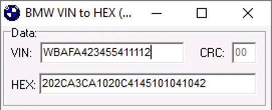BMW VIN to HEX tool showing VIN input field, CRC preview and generated HEX string