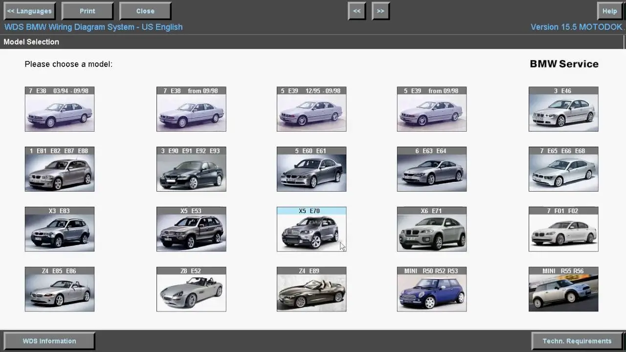 BMW WDS v15 model selection screen for E series vehicles including sedans wagons SUVs and roadsters.
