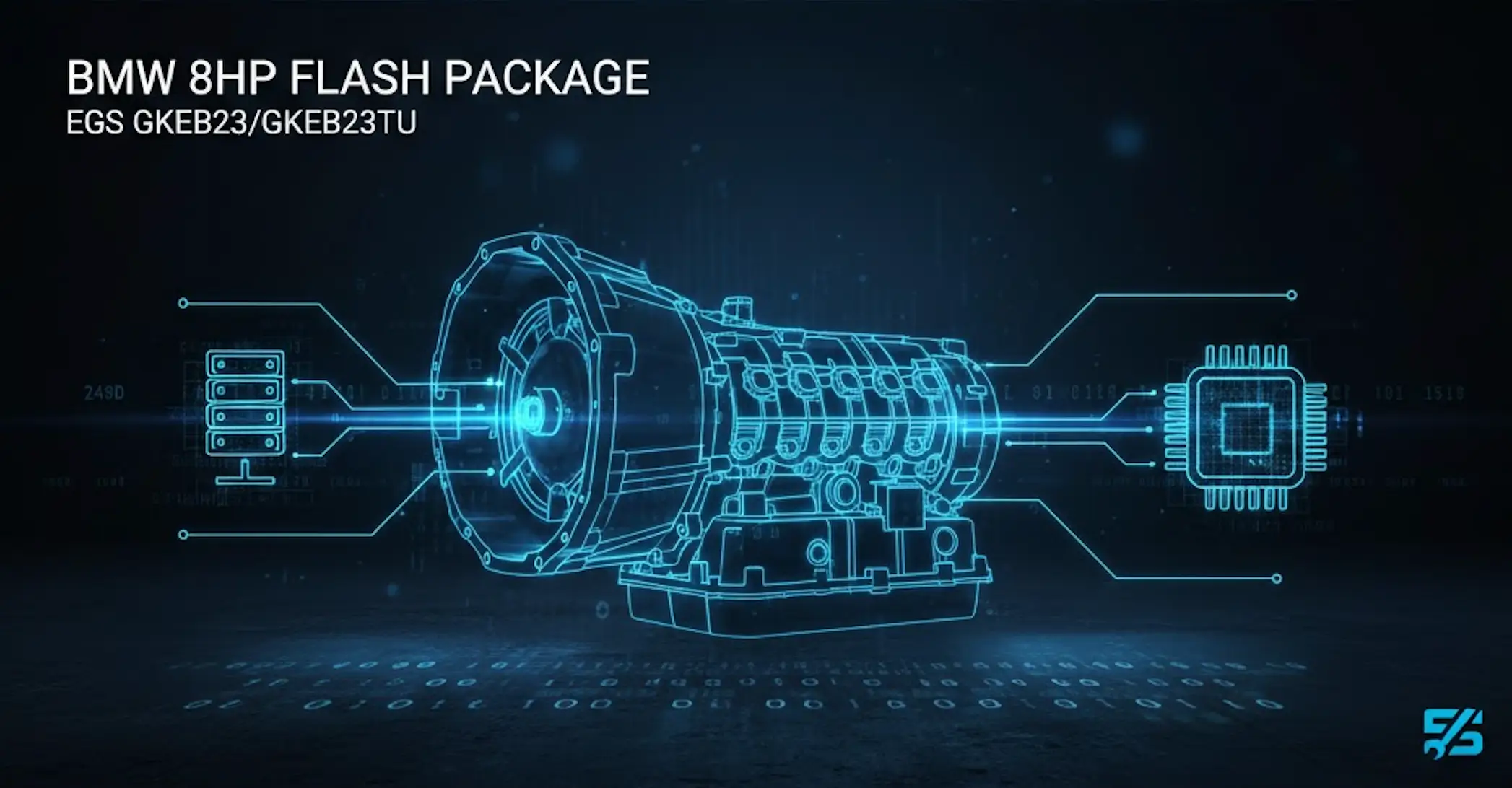 A modern, high-tech horizontal banner for a BMW 8HP EGS flash package. It features a stylized, glowing blue outline of a car transmission connected by digital lines to a microchip icon, all set against a dark, abstract background with binary code and data elements. The text 'BMW 8HP FLASH PACKAGE EGS GKEB23/GKEB23TU' is prominently displayed, emphasizing the software and hardware focus of the resource.