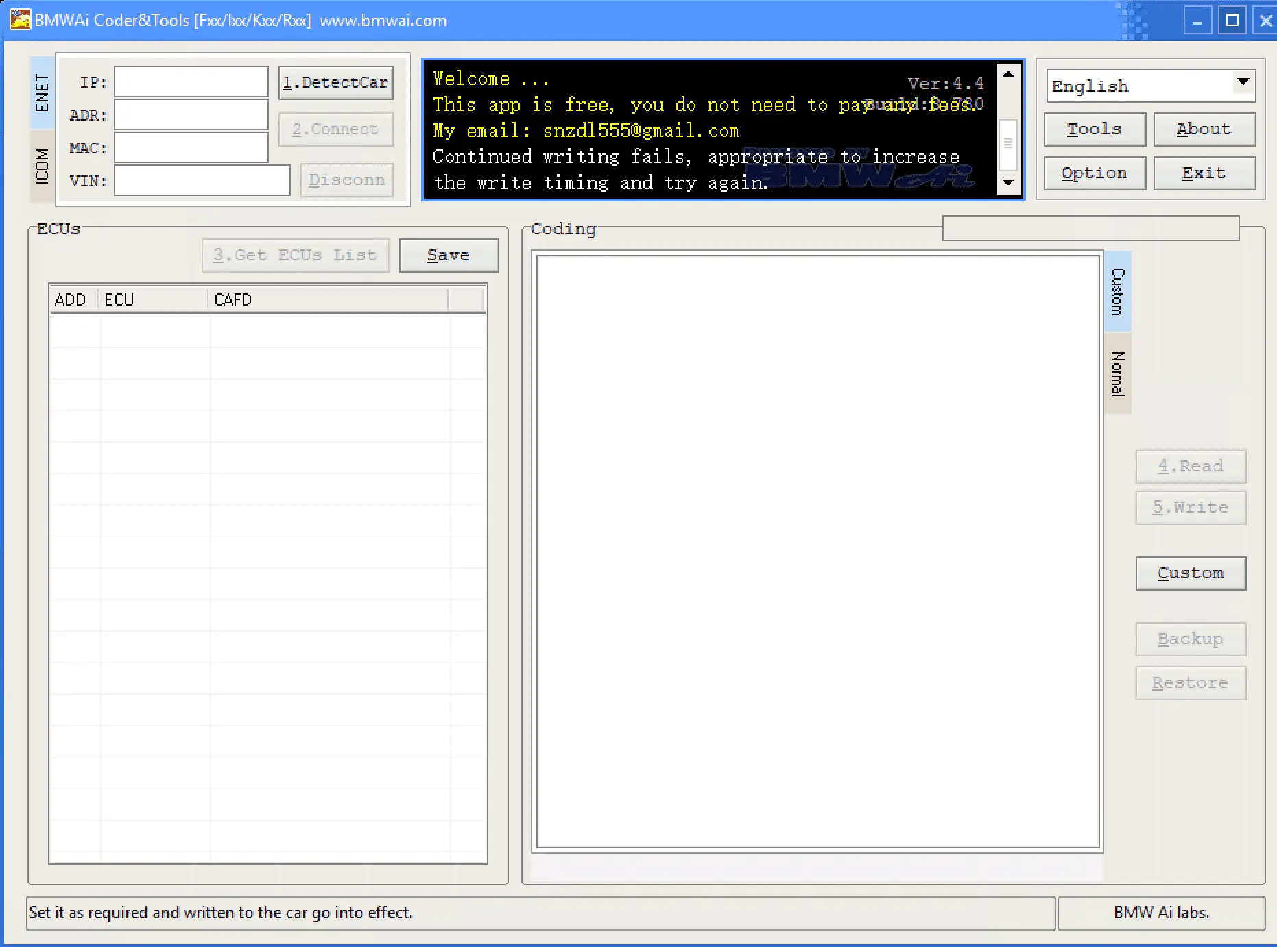 BMWAi Coder&Tools 4.4 main window with ENET/ICOM selector, DetectCar, ECU list and Coding panel.