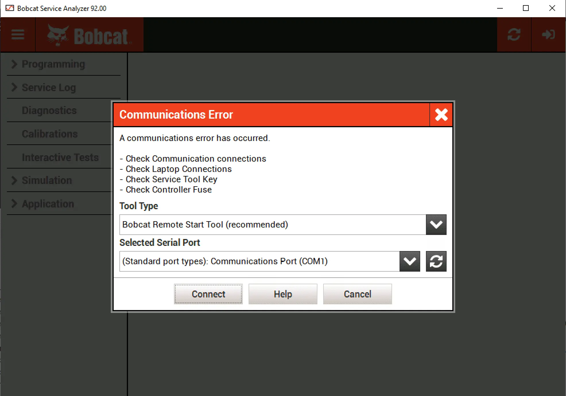 Bobcat Service Analyzer 92.0 communications setup showing Remote Start Tool and COM port