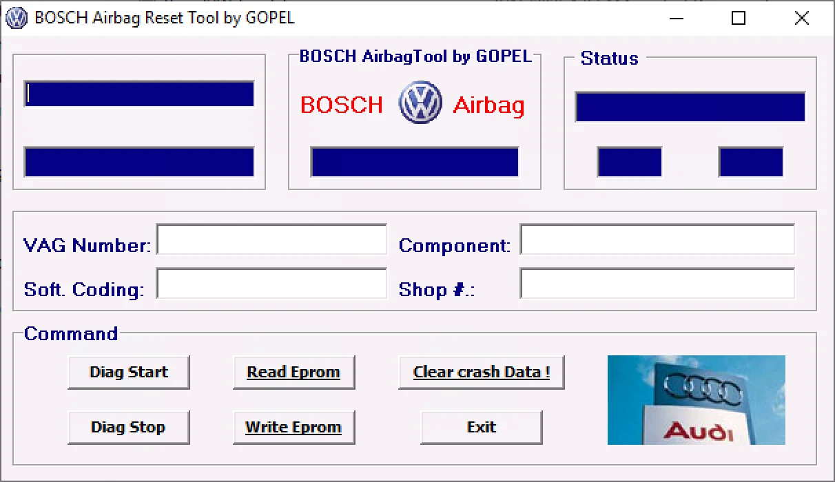 BOSCH Airbag Reset Tool by GOPEL interface showing VAG Number, Soft Coding and commands for Diag Start/Stop, Read/Write EEPROM and Clear crash Data.