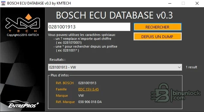 Bosch ECU Database interface showing a Bosch number, ECU family, vehicle brand and OE reference