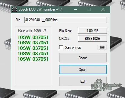 Bosch ECU software-number finder showing a binary filename, file size, CRC32 and candidate identifiers