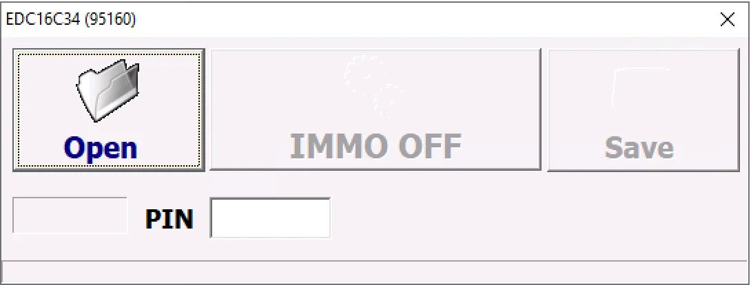 The main interface of the Bosch EDC16C34 Immo Off & PIN Reader tool, showing buttons to Open, Save, and perform the Immo Off function.