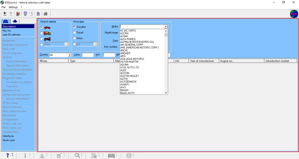 ESItronic v2019 vehicle selection screen with make and engine filters