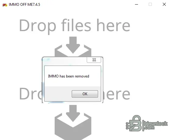 Bosch ME7.4.5 IMMO OFF utility showing the drag-and-drop EEPROM workflow and successful completion dialog