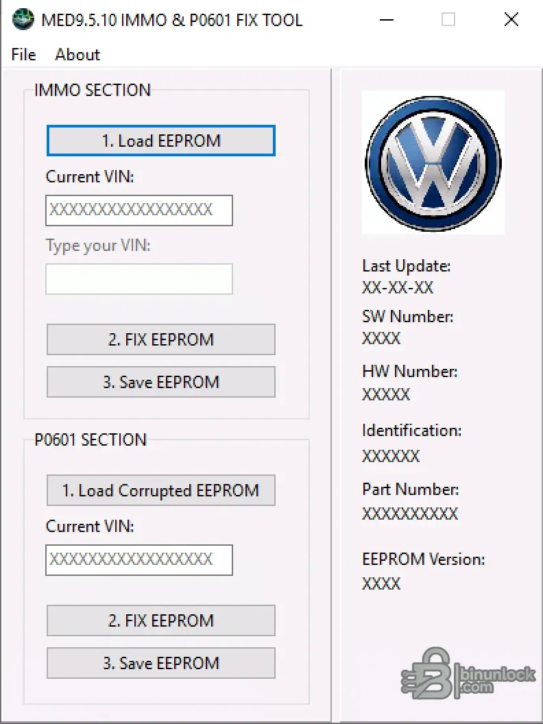 MED9.5.10 tool main window showing EEPROM load and P0601 repair options