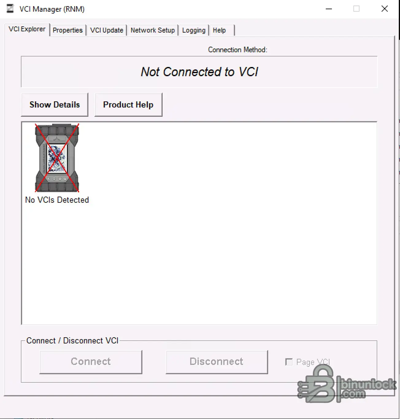Bosch VCI Manager RNM 9.2.2396.6 VCI Explorer screen showing not connected status and no VCIs detected.