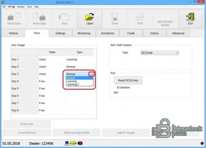 BRP BUDS key screen with DESS anti-theft key slots and key-reading controls