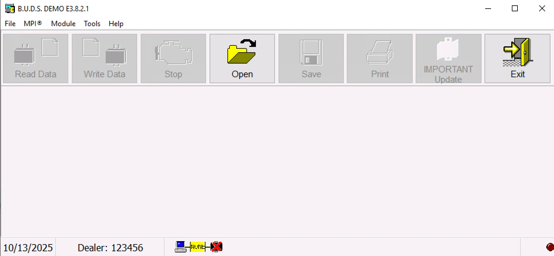 BRP B.U.D.S. E3.8.2.1 main toolbar showing open save and update buttons