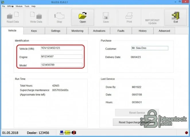 BRP BUDS vehicle screen with VIN, engine, model, runtime and service information