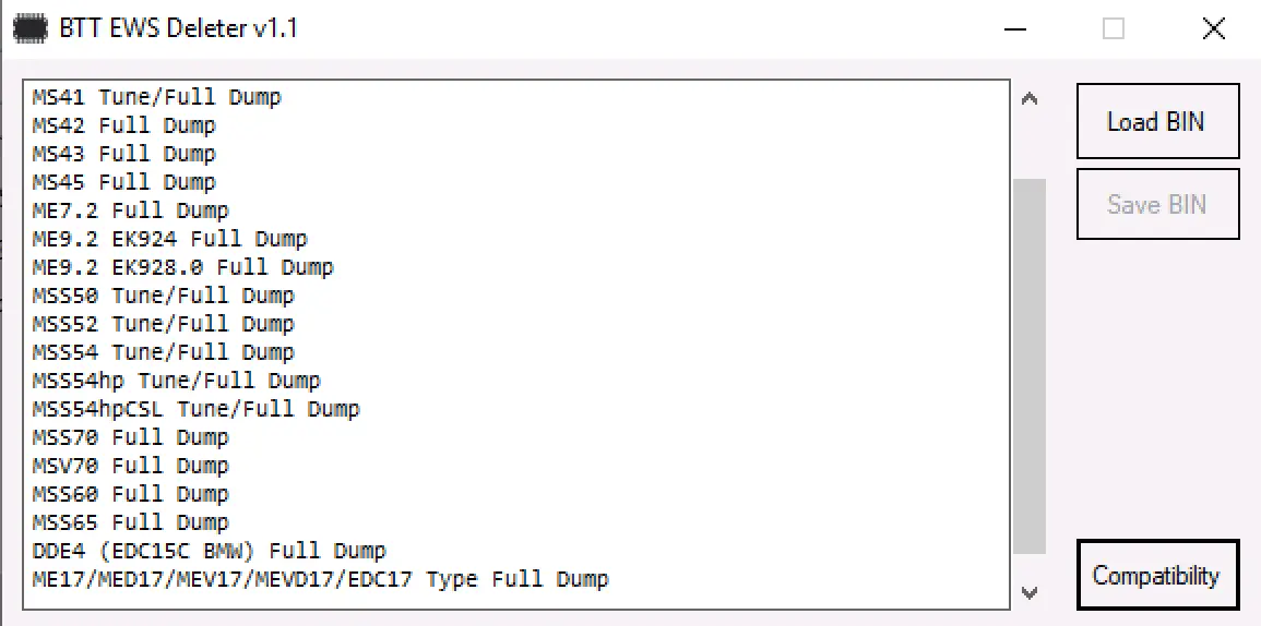 BTT EWS Deleter v1.1 Compatibility list showing MS41 MS42 MS43 MS45 ME7.2 ME9.2 MSS54 DDE4 and MEVD/EDC17