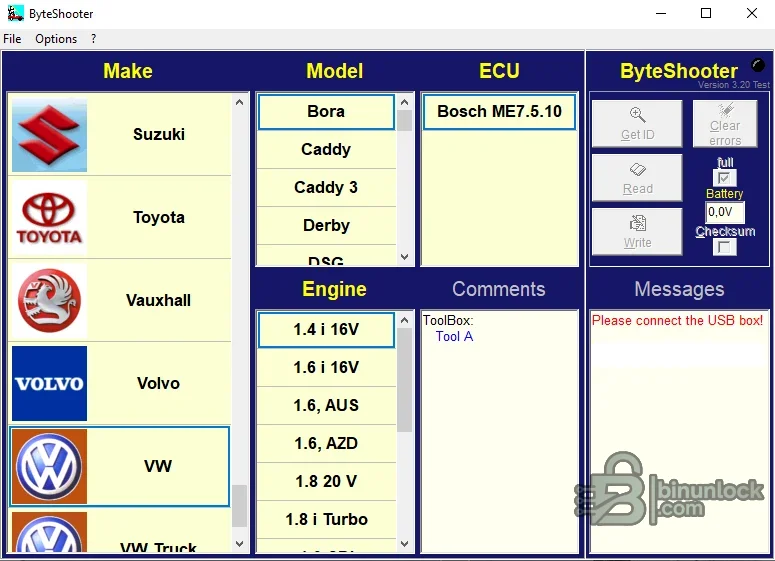 ByteShooter interface showing vehicle, engine and ECU selection with read and write controls