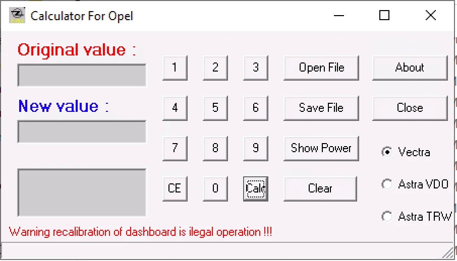Calculator For Opel 1.0 window showing Original/New value fields, keypad, Calc/Save buttons and Vectra/Astra VDO/Astra TRW options.