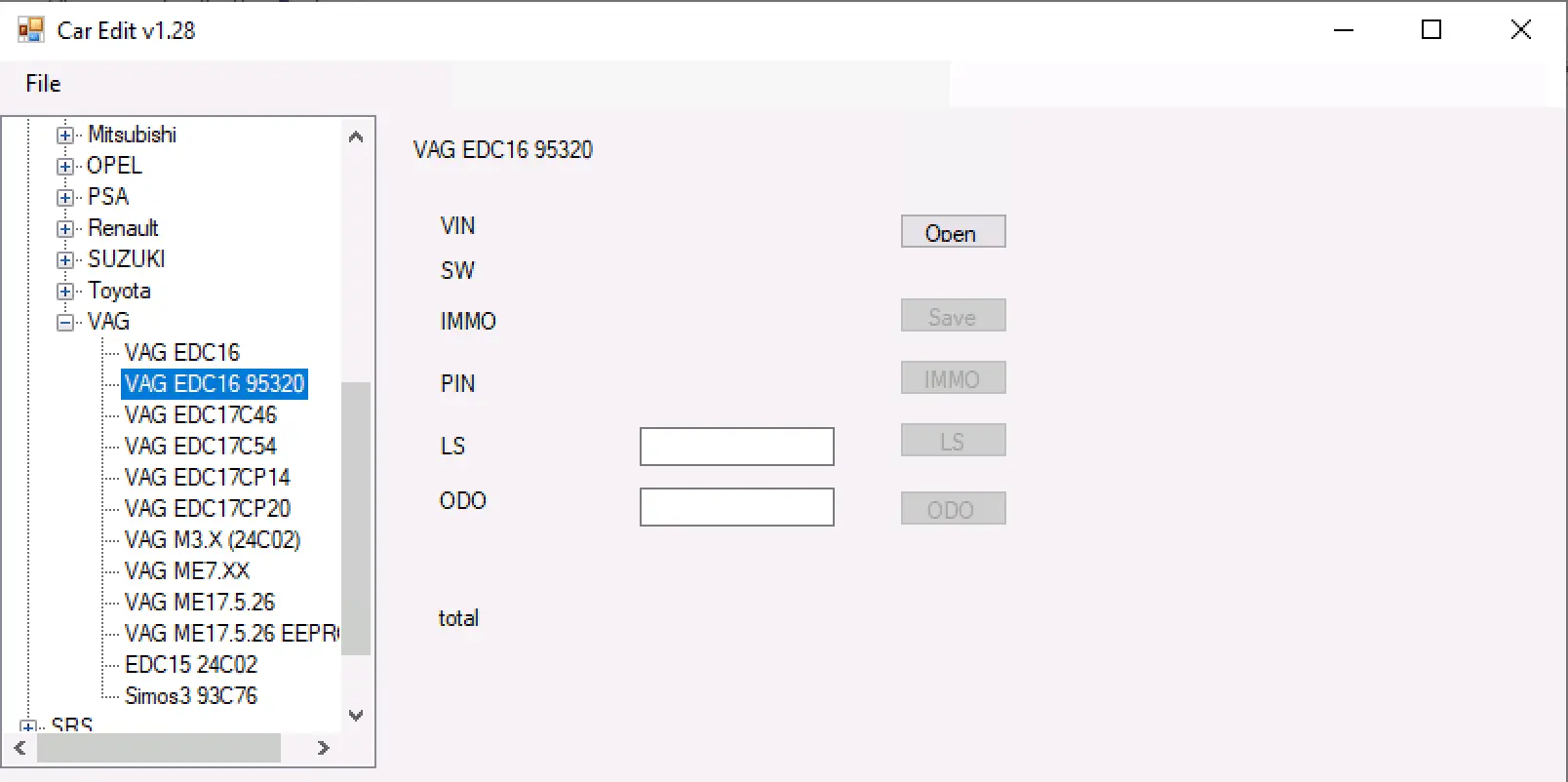 Car Edit v1.28 VAG EDC16 95320 panel showing VIN, SW, IMMO, PIN, LS and ODO fields with Open/Save controls