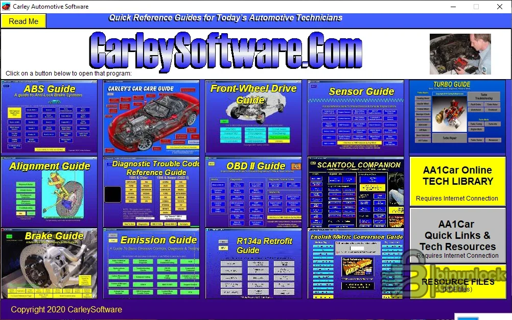 Carley automotive training library main menu with diagnostics, OBD, sensor, brake and service modules