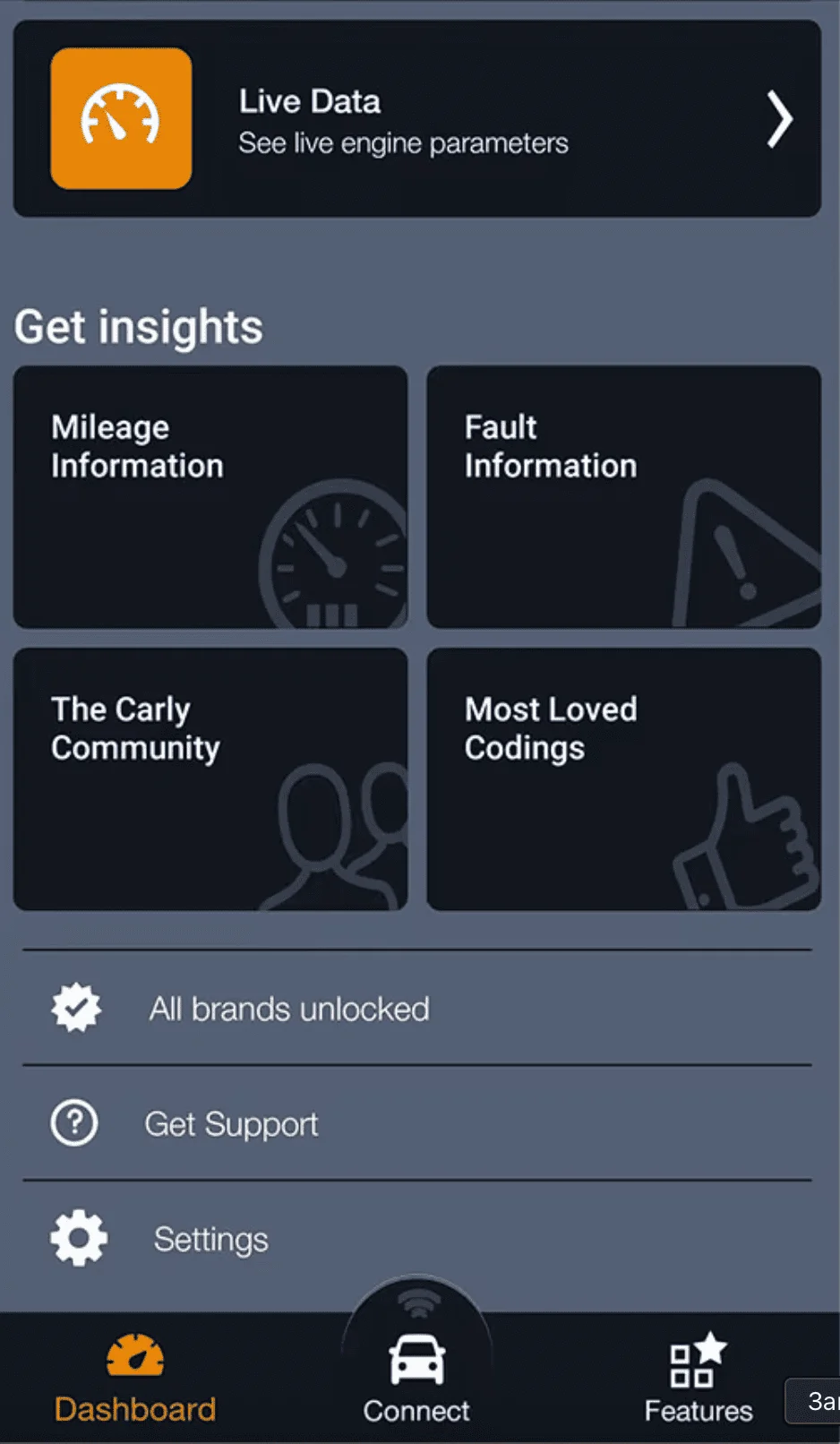 Carly Android app v49.59 — connect and dashboard screens for car diagnostics, coding, live data and service with Carly Universal Adapter.