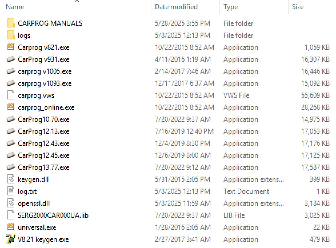The file list for the CarProg All Versions software package, showing multiple executables from v8.21 to v13.77 and the essential v8.21 keygen.