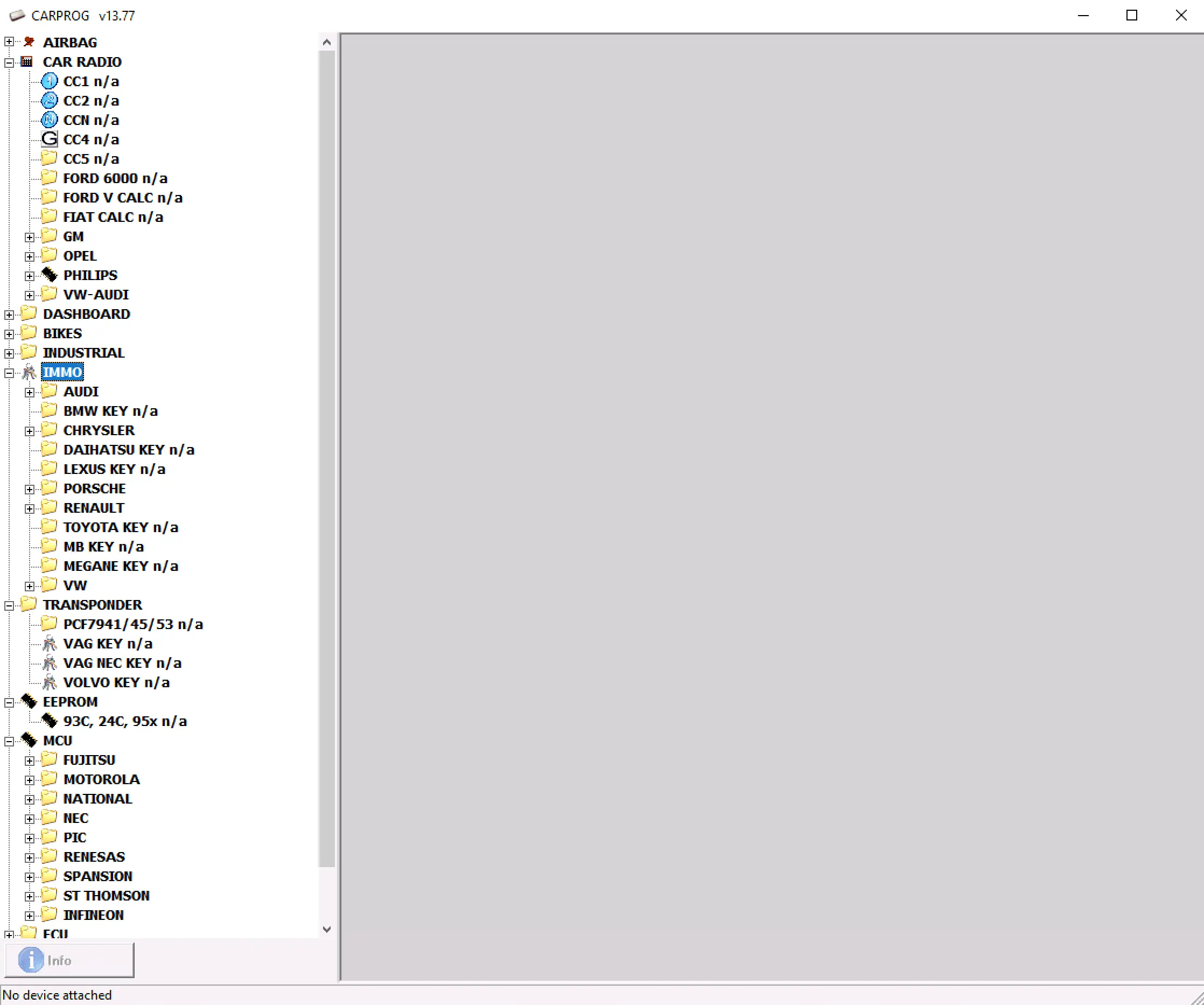 The main software interface of CarProg v13.77, showing the function tree with options for Airbag, Car Radio, Dashboard, Immo, and MCU programming.