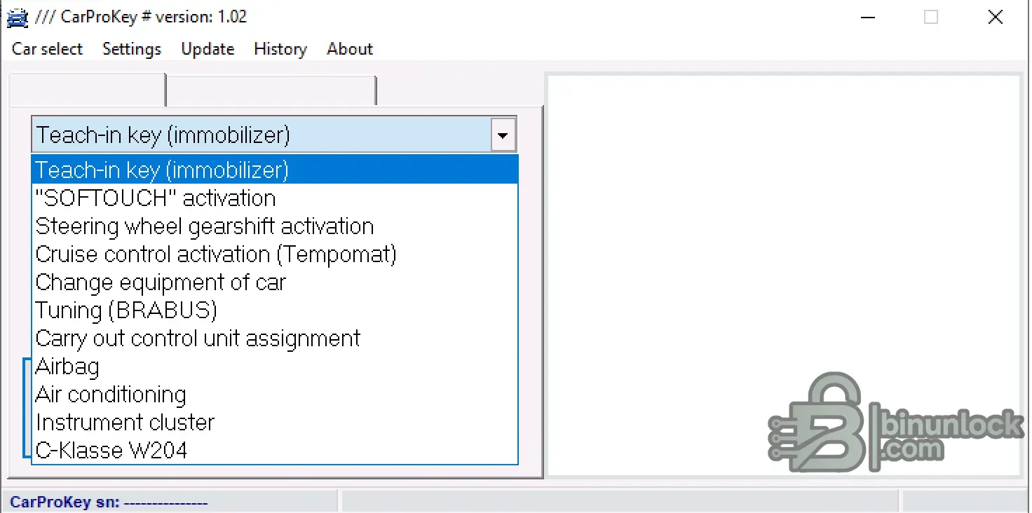 CarProKey 1.02 functions menu for Mercedes and Smart including key teach-in, Softouch, Tempomat, and control unit assignment.
