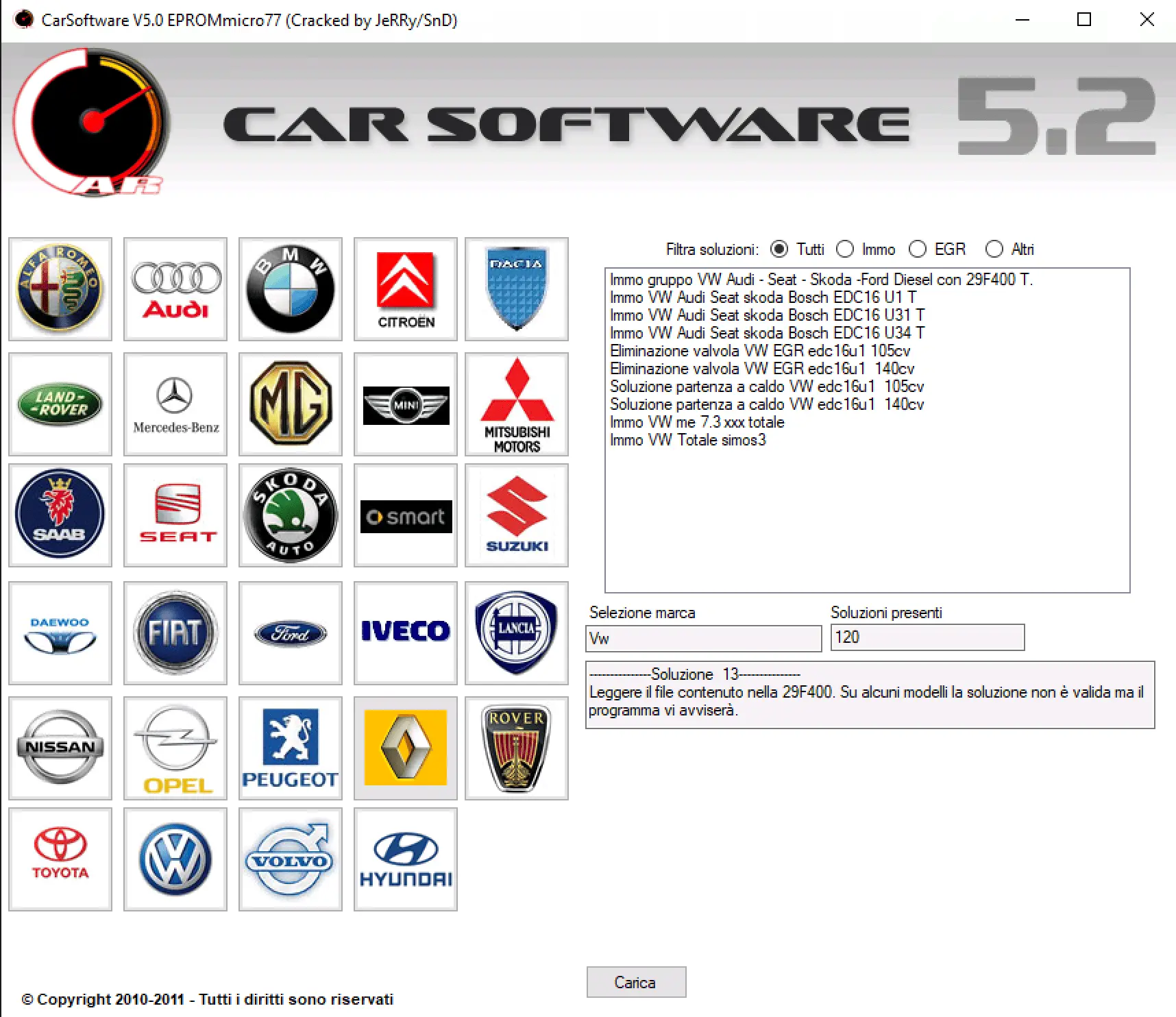 The main interface of CarSoftware v5.0 by EPROMmicro77, showing the multi-brand selection grid and a list of Immo Off and EGR Off solutions for Volkswagen.