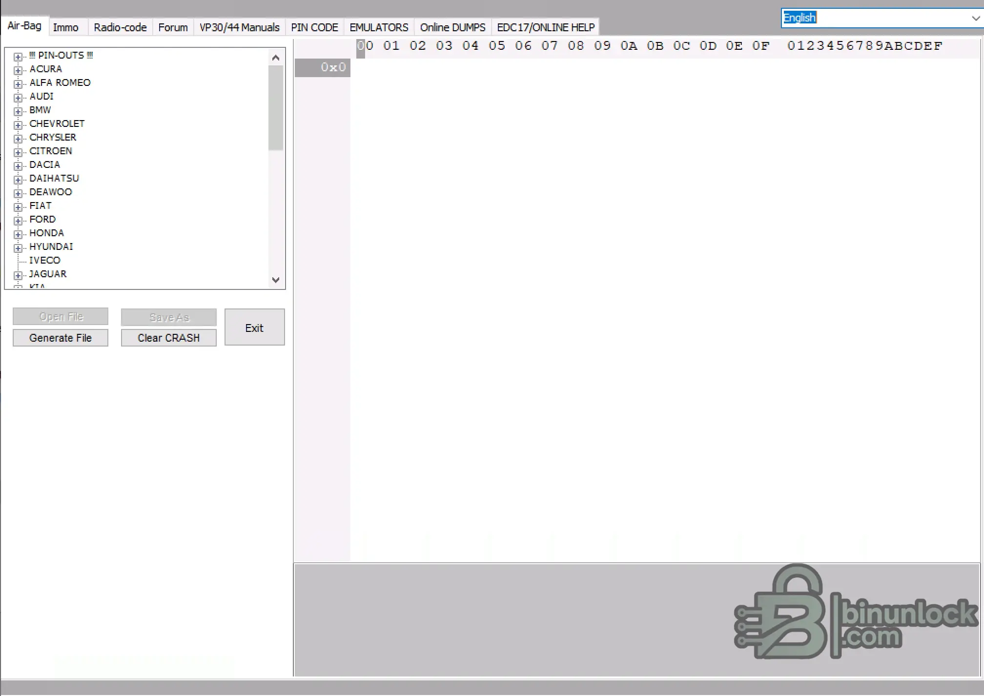 Air-Bag tab in CarTool software showing vehicle brand selection for crash data clearing.