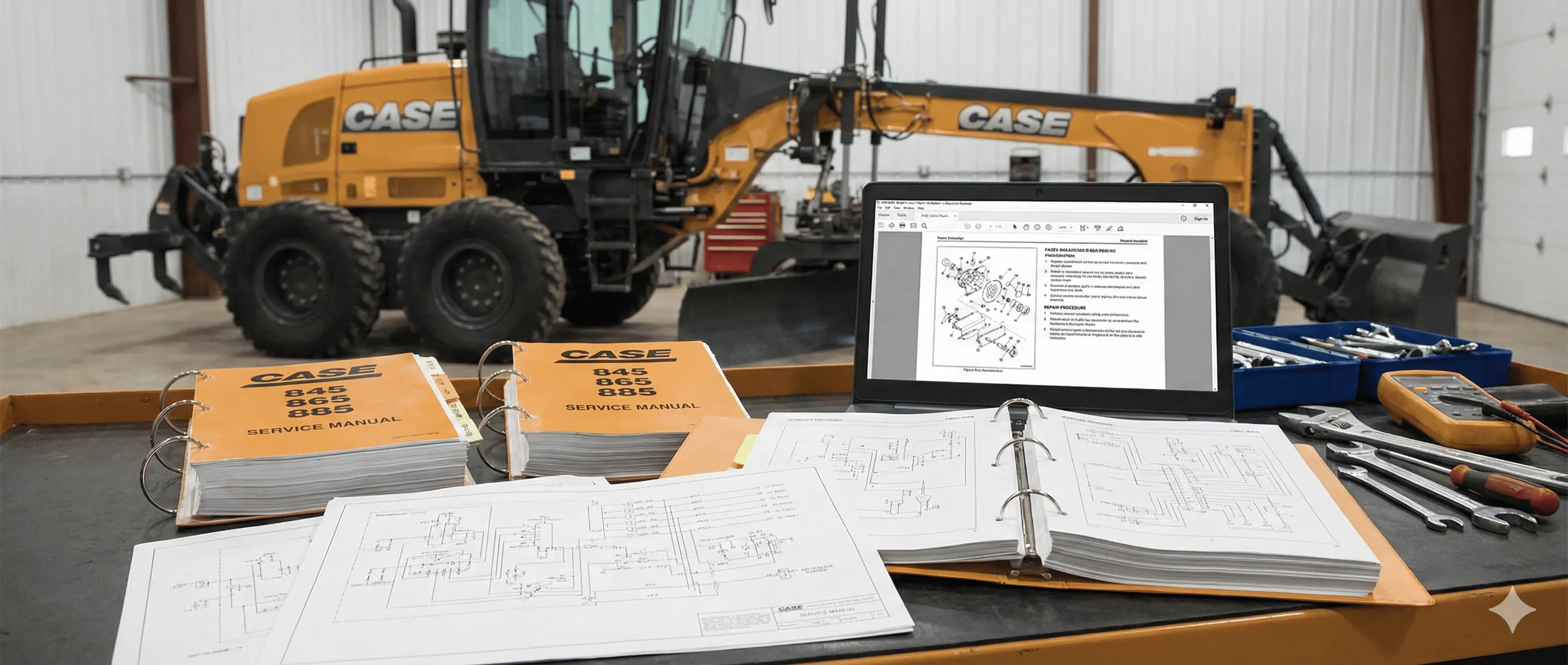 CASE 845 865 885 motor grader service manual set with hydraulic and electrical schematics, diagnostics, torque specs and overhaul procedures.
