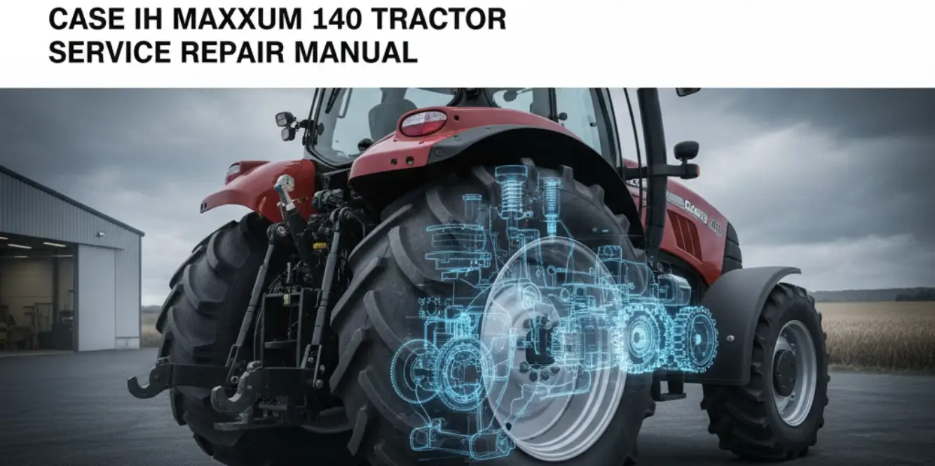 Case IH Maxxum 140 service manual cover showing drivetrain overlay, torque data and repair guidance.