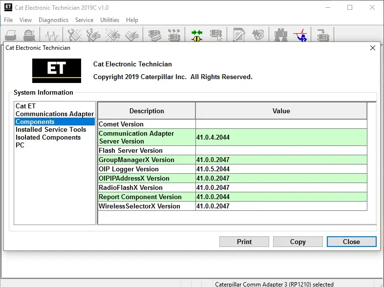 Cat Electronic Technician 2019C v1.0 components window showing communication adapter and server module version information.