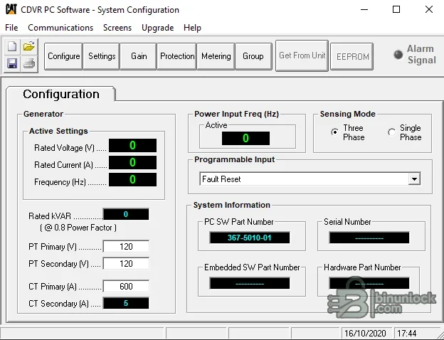 Caterpillar CDVR PC Software system configuration page with rated voltage, current, frequency, kVAR, PT and CT ratios, sensing mode and input settings