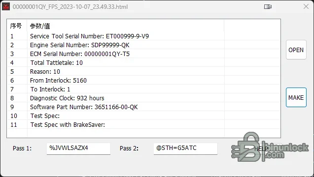 Caterpillar factory-password utility with service-tool, engine and ECM serials, tattletale, reason, interlock and diagnostic-clock fields