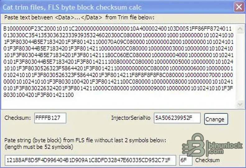 Caterpillar trim-file calculator with Data block, injector serial number and FLS checksum fields