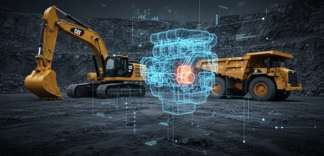 Caterpillar excavator and mining dump truck with digital engine overlay illustrating CAT engines and machines service manual collection
