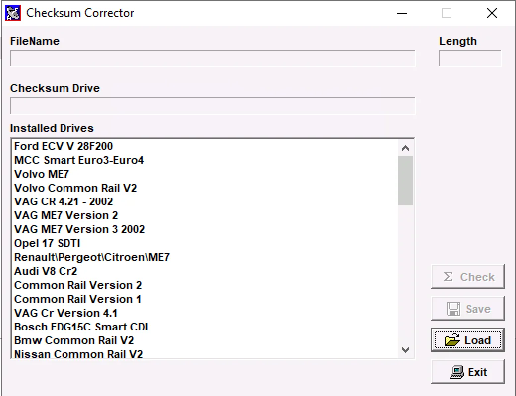 Checksum Corrector main window with modules like Ford ECV 28F200, Volvo ME7, VAG CR and BMW/Nissan Common Rail