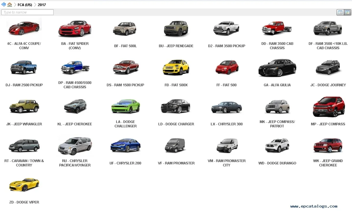 Chrysler EPC5 2020-09 FCA US 2017 model list showing Chrysler Dodge Jeep Ram and Fiat vehicles in the parts catalog.