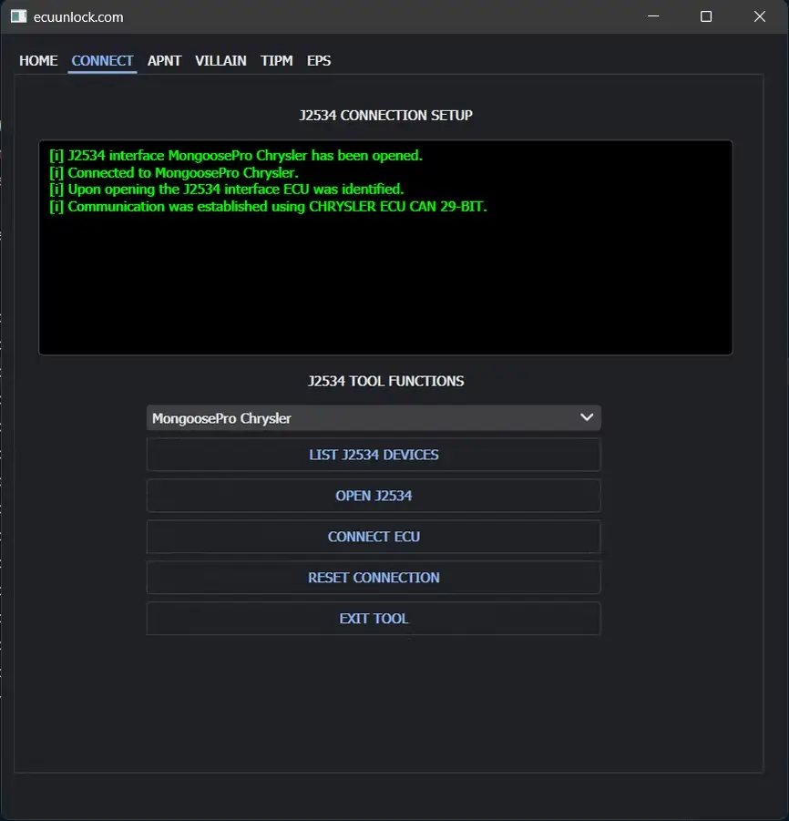 Chrysler J2534 diagnostics screen with ECU parameter table and pass-thru session status