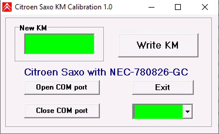Citroen Saxo KM Calibration 1.0 window with New KM field, Write KM button, COM-port open/close controls and NEC-780826-GC note.