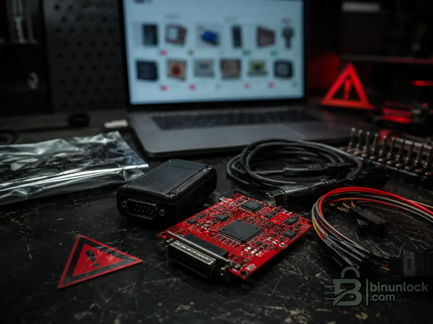 Clone-market ECU tool warning image showing red PCB, cables and unsafe seller claims.