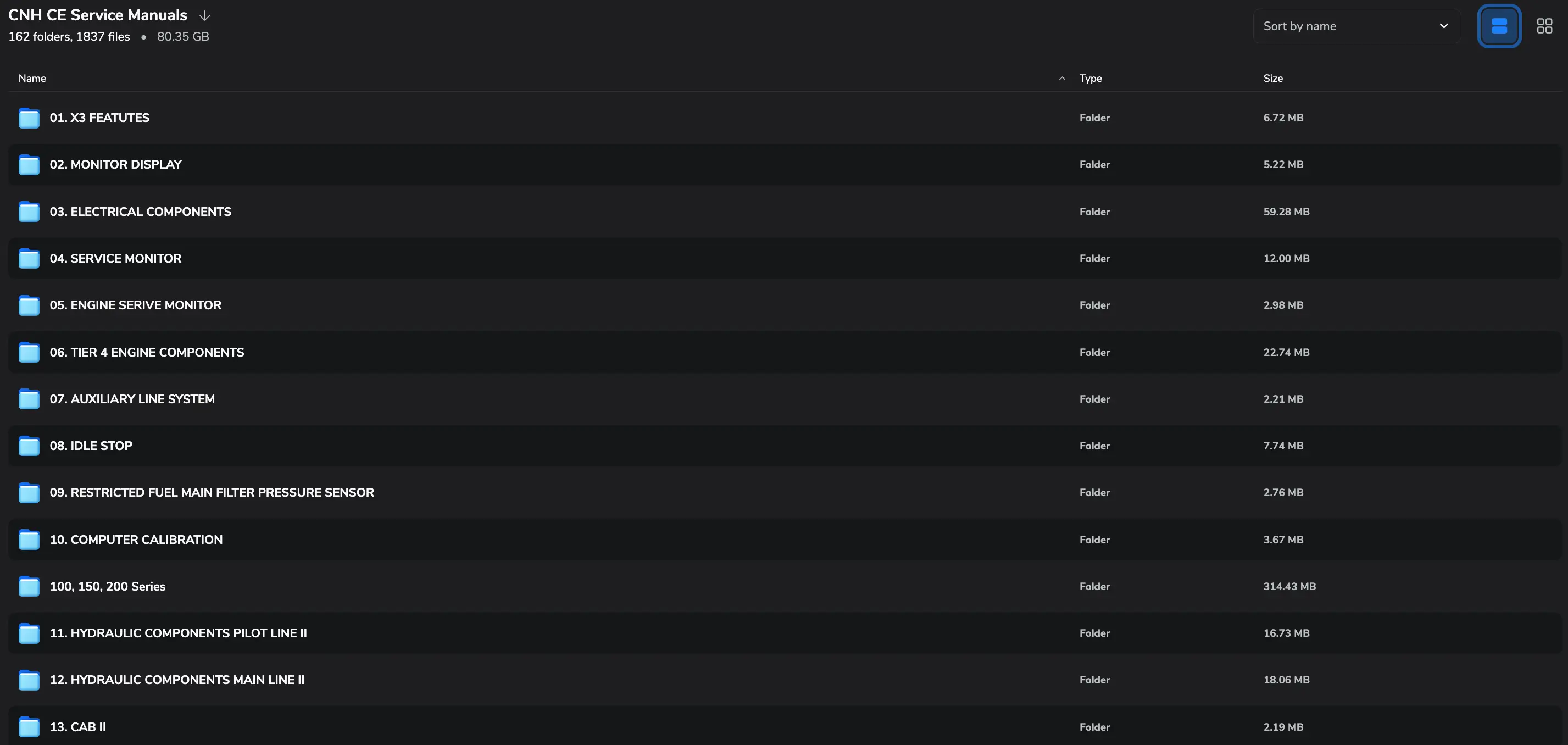 CNH CE Service Manuals folder view screenshot with categories for service and repair PDFs.