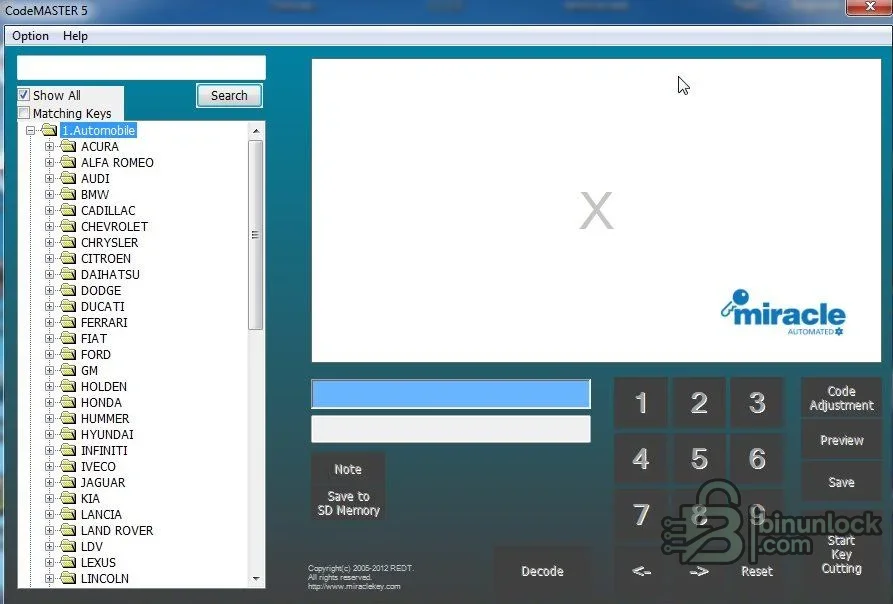 CodeMASTER automotive key database showing the manufacturer tree and decode and cutting controls