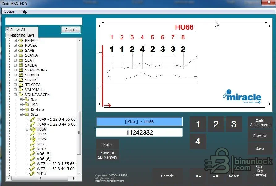 CodeMASTER interface displaying a Volkswagen HU66 key profile, bitting values and cutting preview