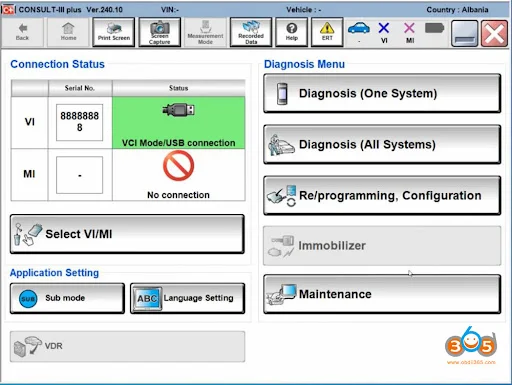 CONSULT III Plus dashboard showing Diagnosis, Reprogramming and Maintenance with VI/USB status
