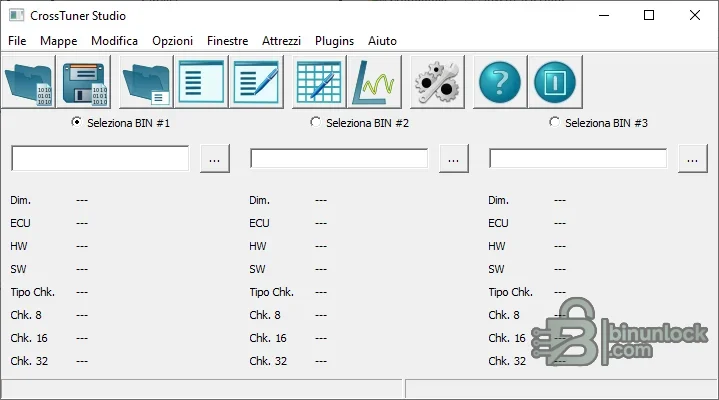 CrossTuner Studio interface with three BIN file selectors and checksum information panels