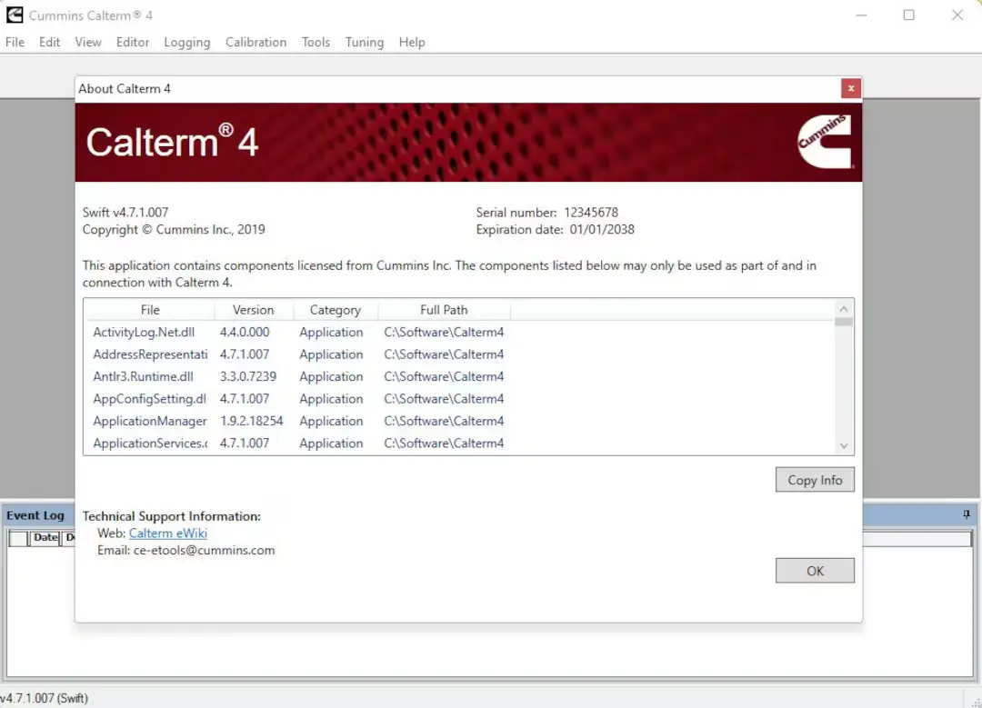 Cummins Calterm v4.7 engineering calibration tool splash and interface preview