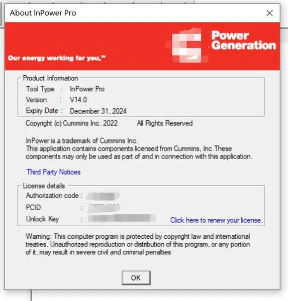 V14.0 about window showing licensed InPower Pro details for Cummins Power Generation.