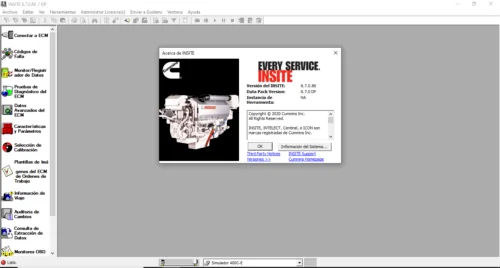 Cummins INSITE 8.7.0.86 main window with the About dialog open, ready for ECM diagnostics.