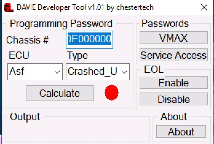 The main interface of the DAF Davie Developer Tool, used for calculating programming passwords for VMAX, Service Access, and EOL functions.