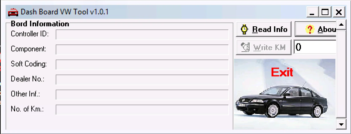 Dash Board VW Tool v1.0.1 main window with fields for Controller ID, Component, Soft Coding, Dealer No., Other Info and KM, plus Read Info / Write KM buttons.